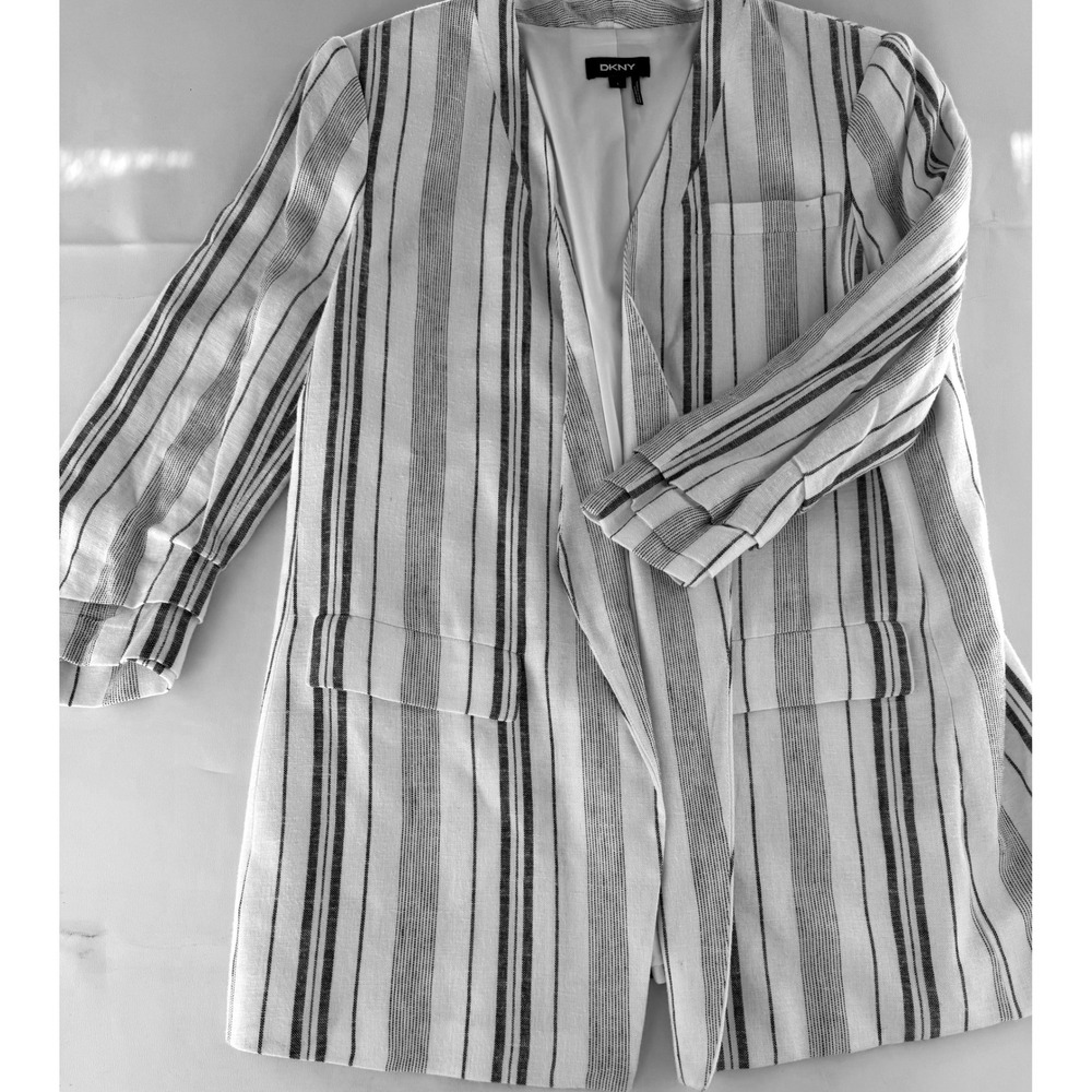 DKNY Women Navy White Striped Linen Blend Open Front Blazer Jacket Size 10